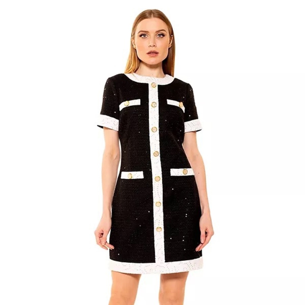 Alexia Admor Isla Colorblock Tweed Shift Dress Black and White size 12